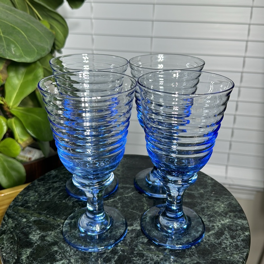 Set of 4 Vintage Sirrus Blue Water Goblets By Libbey Heavy Glasses - Picture 6 of 8